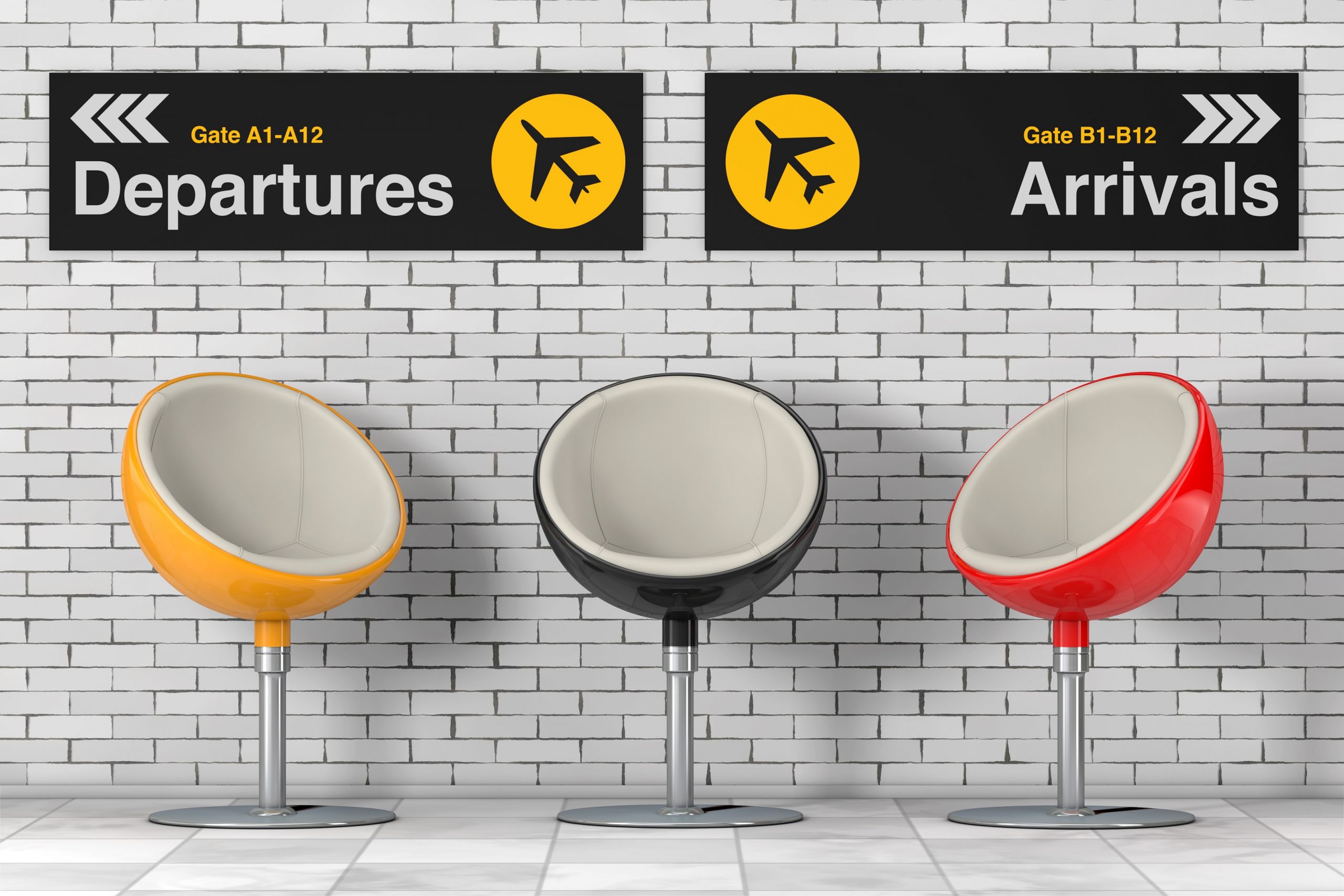 Modern Multicolor Ball Chairs near Airport Departures and Arrivals Information Panel in front of Brick Wall. 3d Rendering