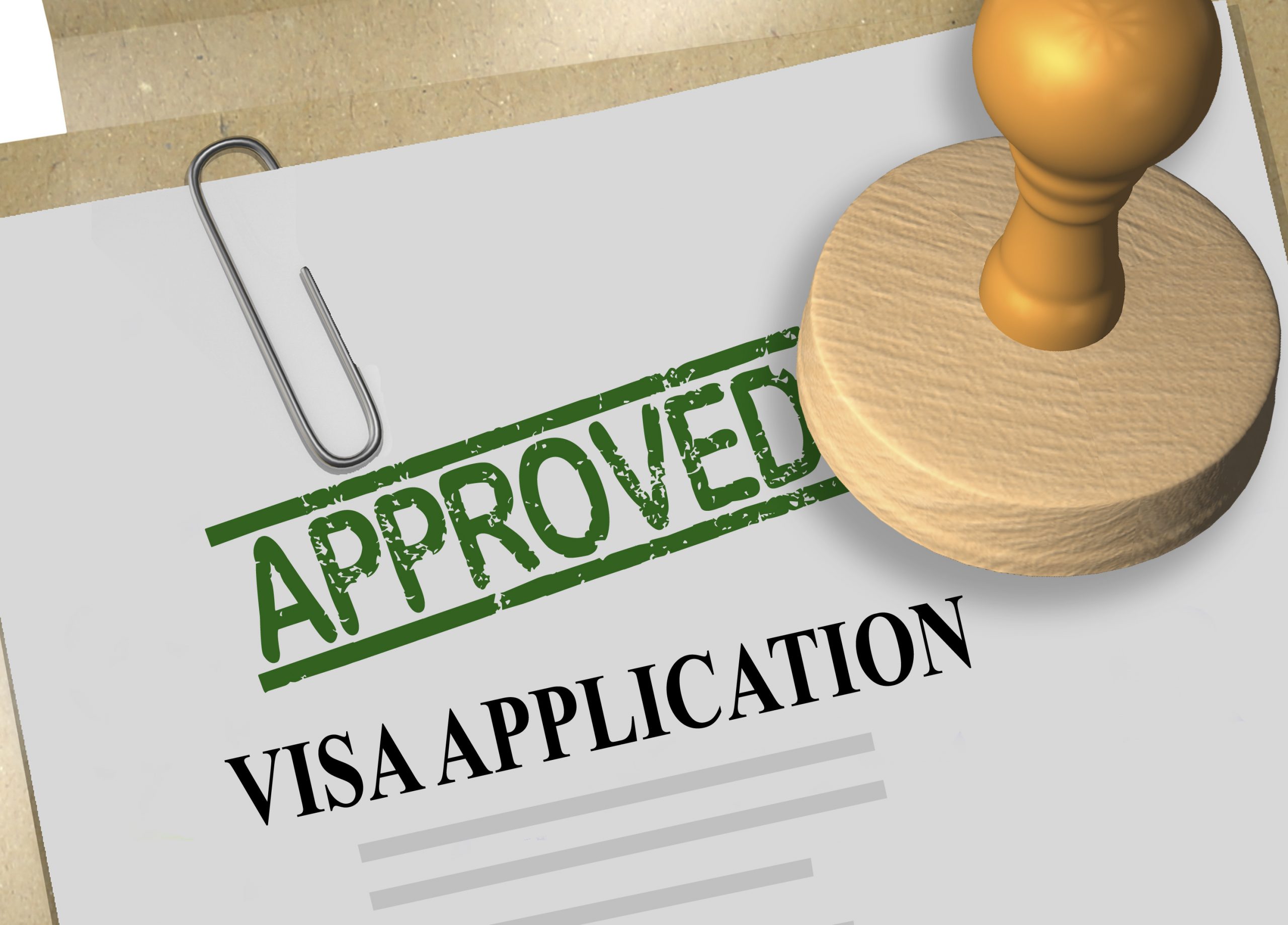 3D illustration of APPROVED stamp title on visa application form